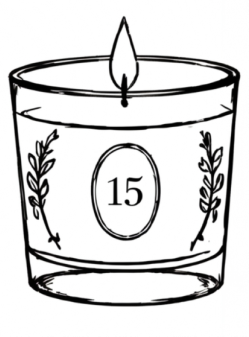 Black and white illustration of a candle in a glass holder with number 15 and decorative elements.