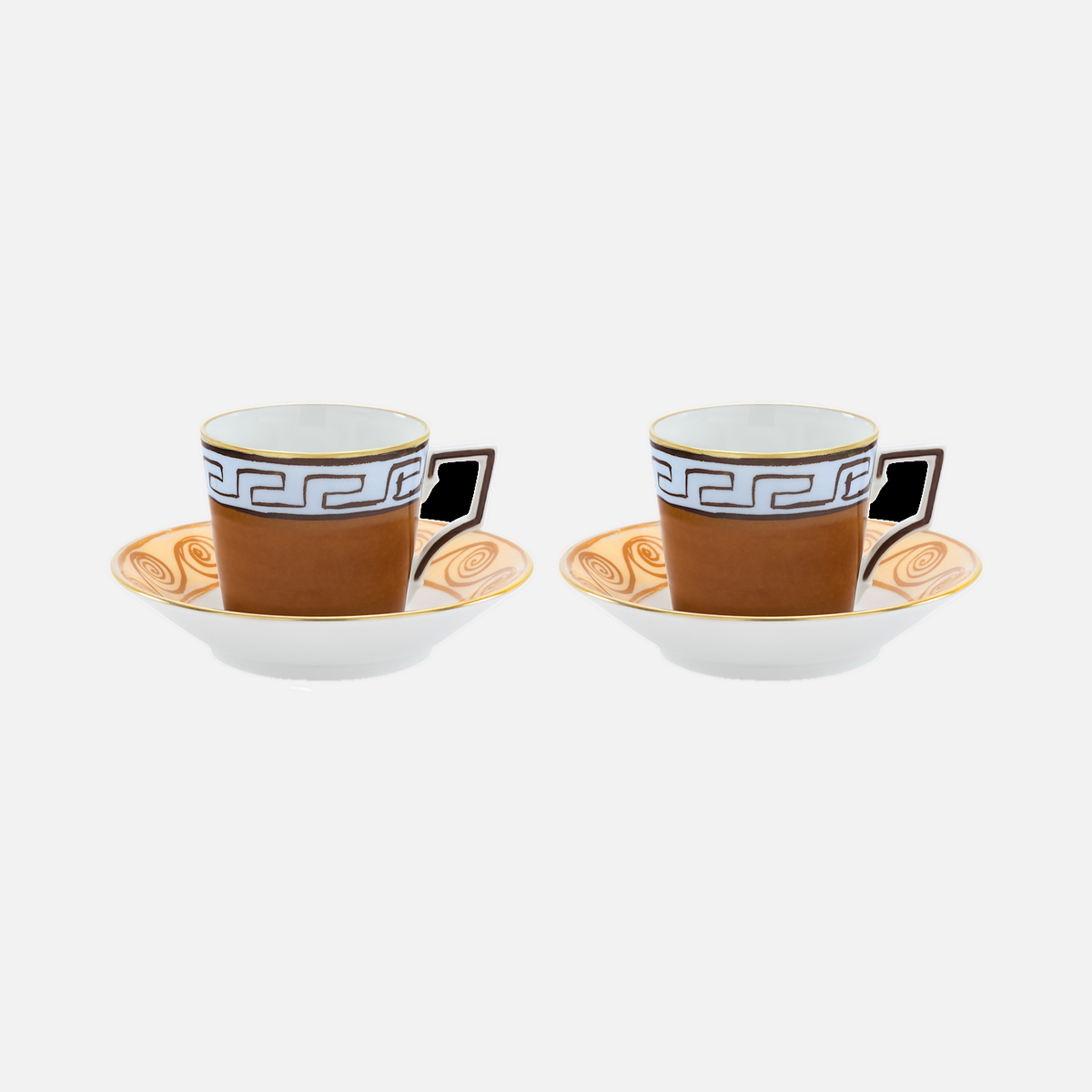 Pair of Il Viaggio di Nettuno Luna coffee cups and saucers in terracotta with a Greek key band.