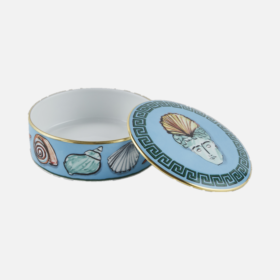 Il Viaggio di Nettuno round box with cover in sea blue, decorated with shells and a bust on the lid.