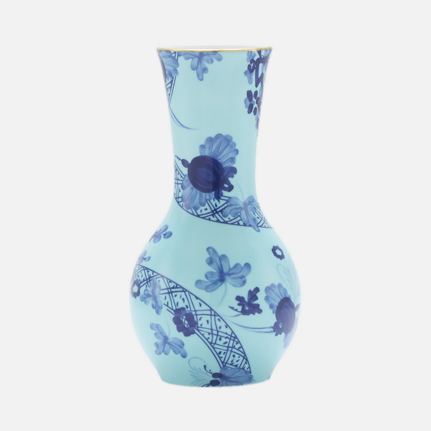 Oriente Italiano Tulipano vase in Iris, a turquoise porcelain vase with hand-painted blue florals and a gold rim.