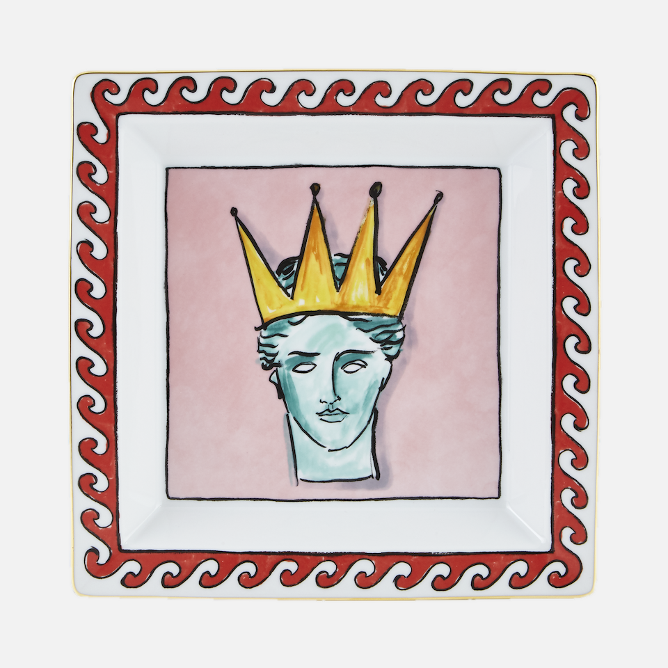 Il Viaggio di Nettuno large square change tray in pink, with a hand-painted crowned bust and a red wave border.