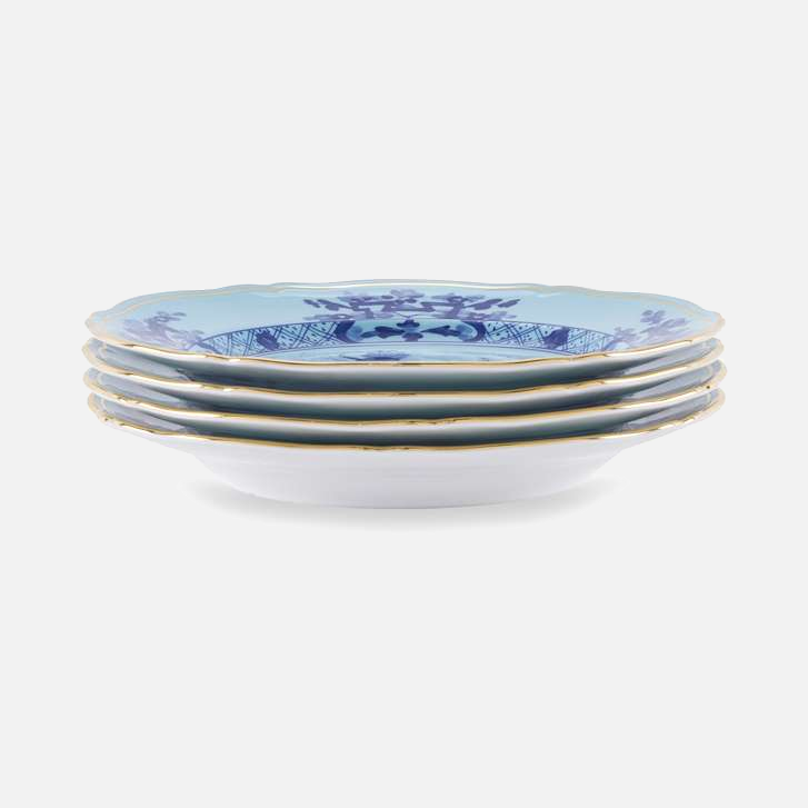 Stack of four Oriente Italiano dessert plates in Iris, turquoise porcelain with hand-painted blue chinoiserie.