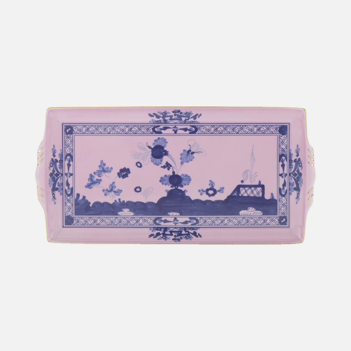 Oriente Italiano large rectangular tray with handles in Azalea, a long pink porcelain tray with a hand-painted blue chinoiserie garden scene.