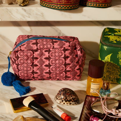 pink geometric makeup bag lifestyle