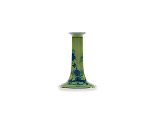 Ginori 1735 Oriente Italiano candle holder in Malachite green with blue hand-painted chinoiserie pattern