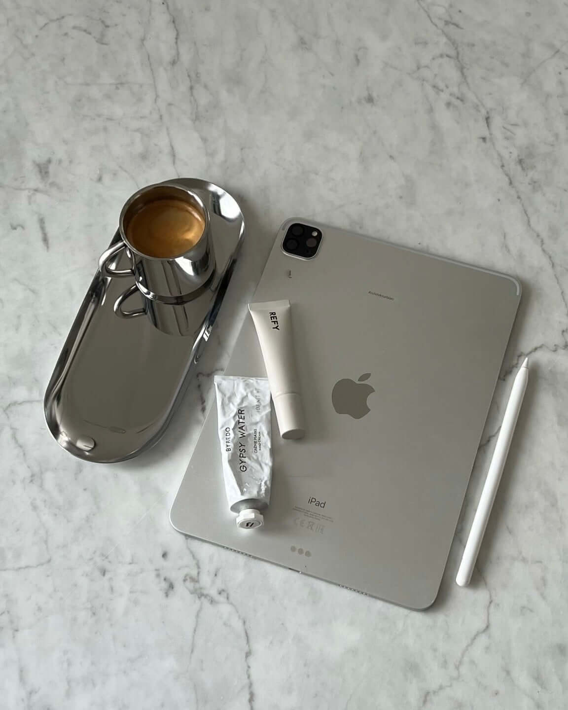 Minimalism Steel Tray with coffee cup on marble