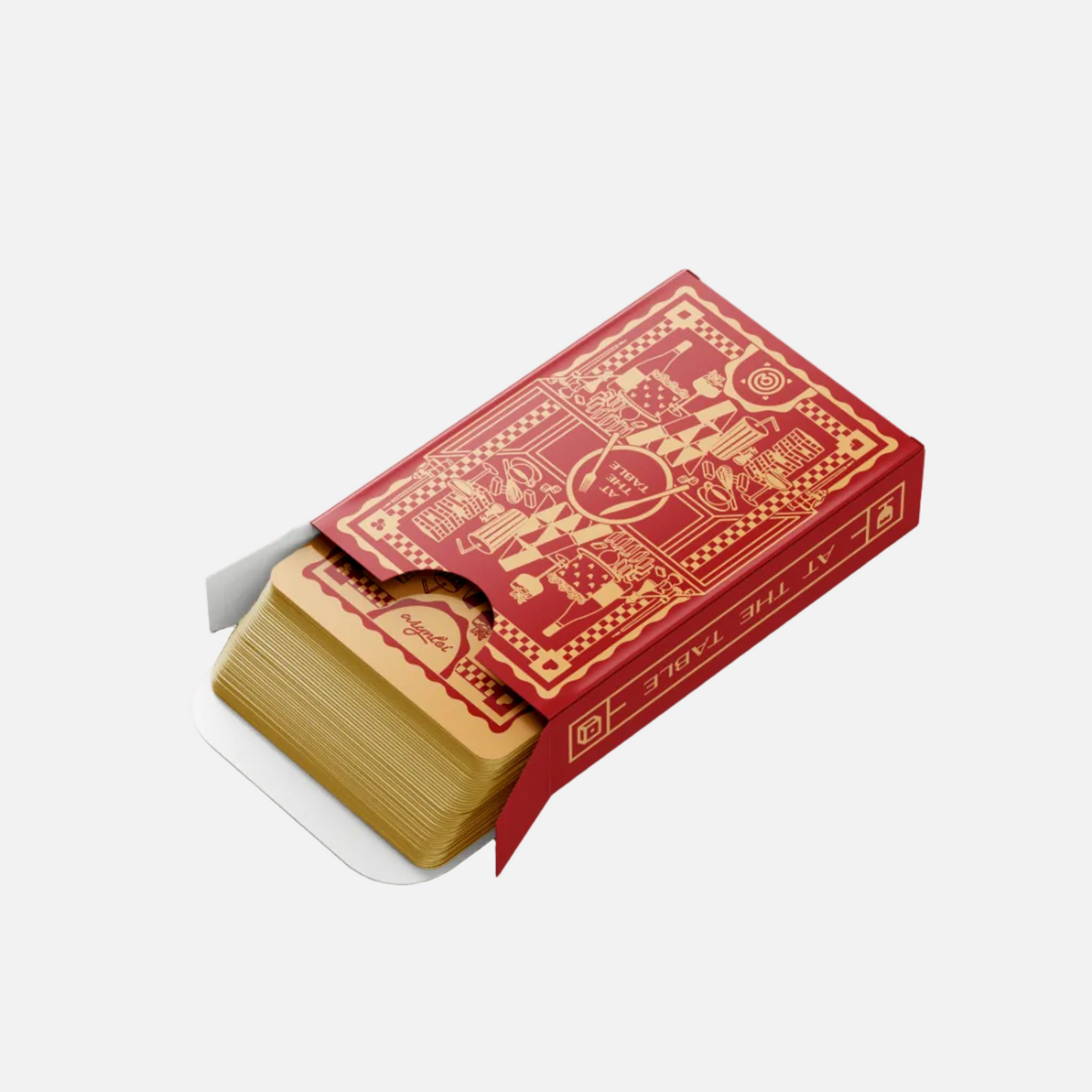 Red and gold playing card box on a light gray background