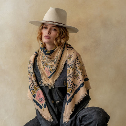 Celestial Bird Cashmere Bandana Sweater Wrap - Sandstone/Matcha/Pink