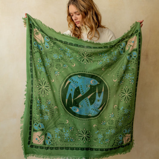 Celestial Bird Cashmere Bandana Sweater Wrap - Sage/Azure/Teal