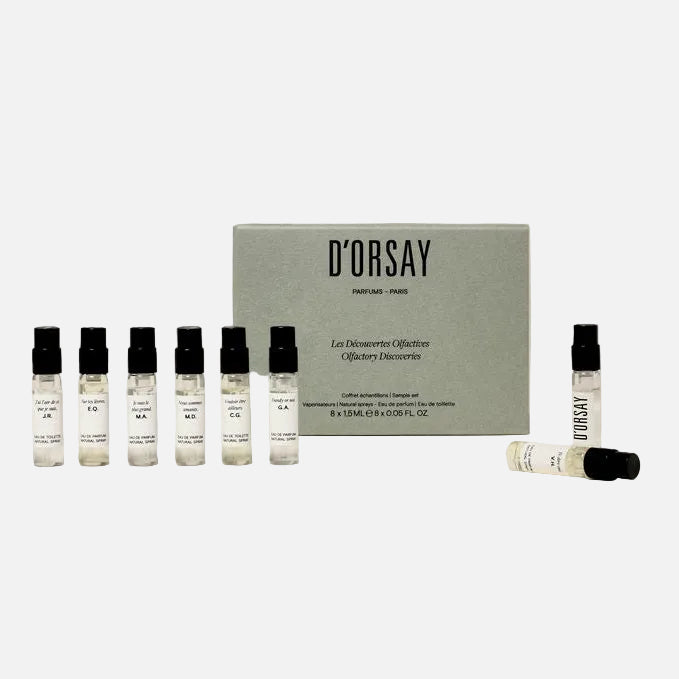 Set of D'Orsay perfume samples on a beige background