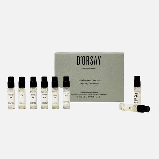 Set of D'Orsay perfume samples on a beige background